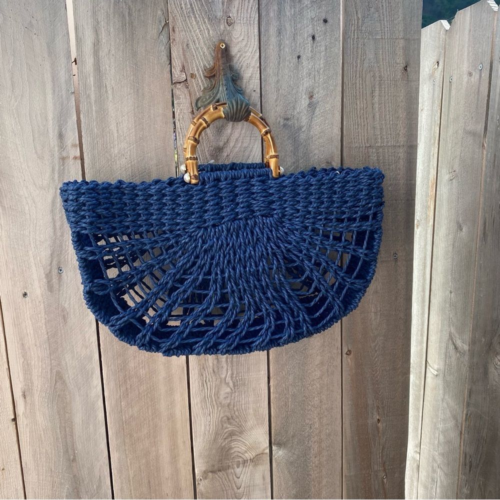 BTB Los Angeles Straw Blue Woven Tote Bag with Bamboo Handles - Picture 13 of 13